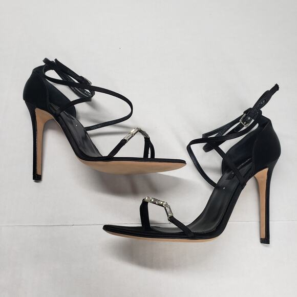 Sergio Rossi Sandals Womens 9.5 Black Satin Crystal Strappy Stiletto Heel Party - Picture 9 of 16